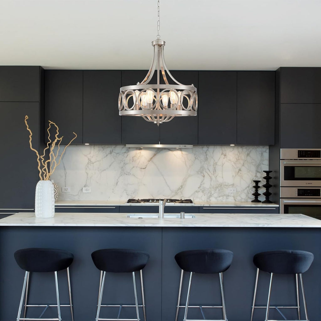 XINGQI Brushed Nickel Dining Room Chandelier 6 Lights Modern Farmhouse Chandelier 21.7' Round Hanging Lighting Fixture Rustic Metal Drum Pendant Lamp for Entryway Bedroom Kitchen