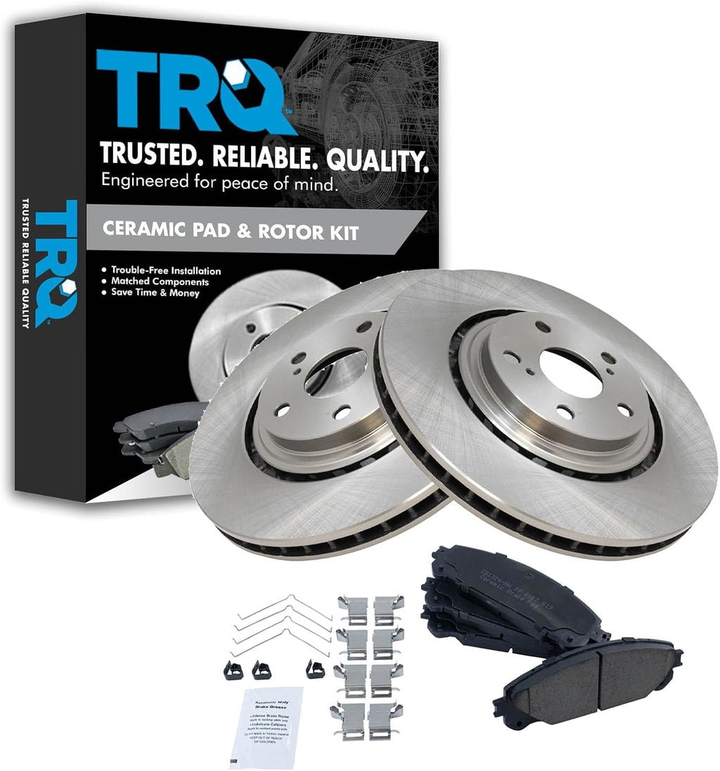TRQ Front Ceramic Brake Pad and Rotor Set Compatible with 08-19 Toyota Highlander 11-20 Toyota Sienna 10-15 Lexus RX350 10-15 Lexus RX450h 15-17 NX200t 18-21 NX300 15-20 NX300h