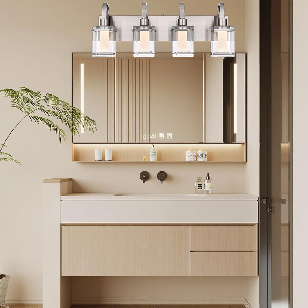 TODOLUZ 4-Light Bathroom Vanity Light,Brushed Nickel LED Modern Wall Light with 5 Color Modes LED Bathroom Light Fixture with Frosted Column and Clear Glass Shade Vanity Lights