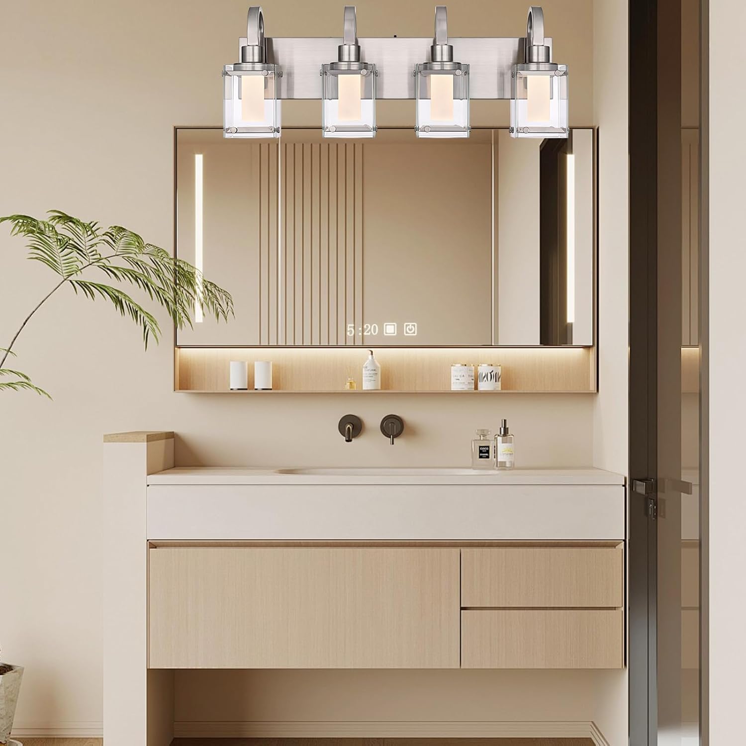 TODOLUZ 4-Light Bathroom Vanity Light,Brushed Nickel LED Modern Wall Light with 5 Color Modes LED Bathroom Light Fixture with Frosted Column and Clear Glass Shade Vanity Lights