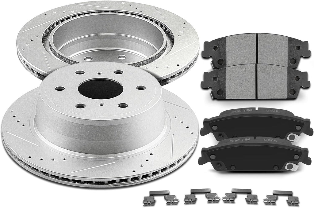 SCITOO Brake Kits For Escalade,For Escalade ESV,For Silverado 1500,For Tahoe,For Sierra 1500,For Yukon,For Yukon XL Rear Drilled Slotted Brake Rotors and Ceramic Brake Pads Replacement: 55133;D1707