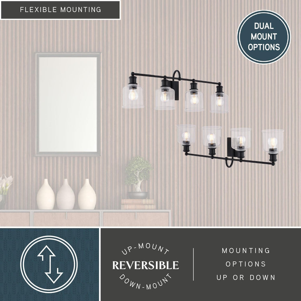 VAXCEL Northbrook 4-Light 32 in. Wide Matte Black Traditional Bathroom Vanity Lighting Fixture, Clear Seeded Glass Shade, Dimmable, LED Compatible, Over the Mirror Mounted Steel Wall Sconce