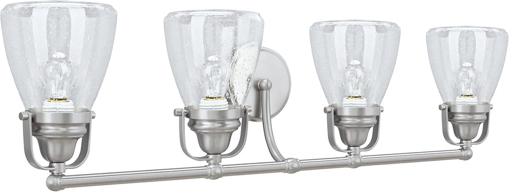 Aspen Creative 62100, Four-Light Metal Bathroom Vanity Wall Light Fixture, 32 1/2' Wide, Transitional Design in Brushed Nickel with Clear Seedy Glass Shade