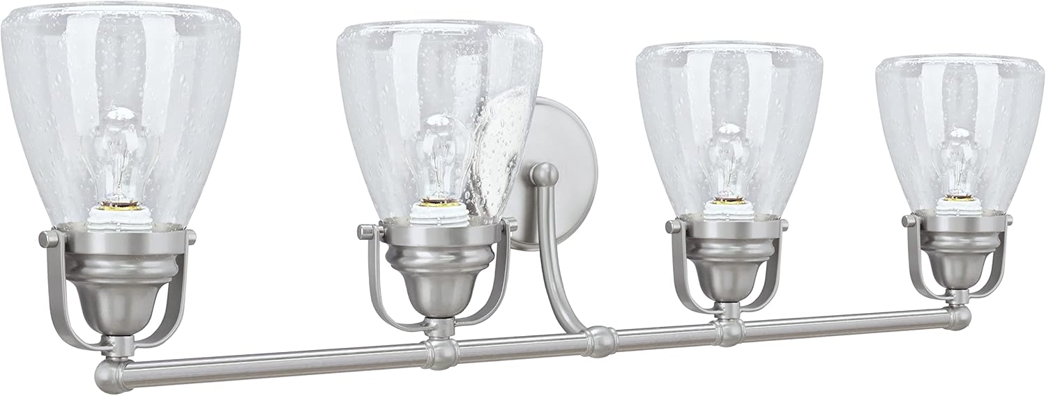 Aspen Creative 62100, Four-Light Metal Bathroom Vanity Wall Light Fixture, 32 1/2' Wide, Transitional Design in Brushed Nickel with Clear Seedy Glass Shade