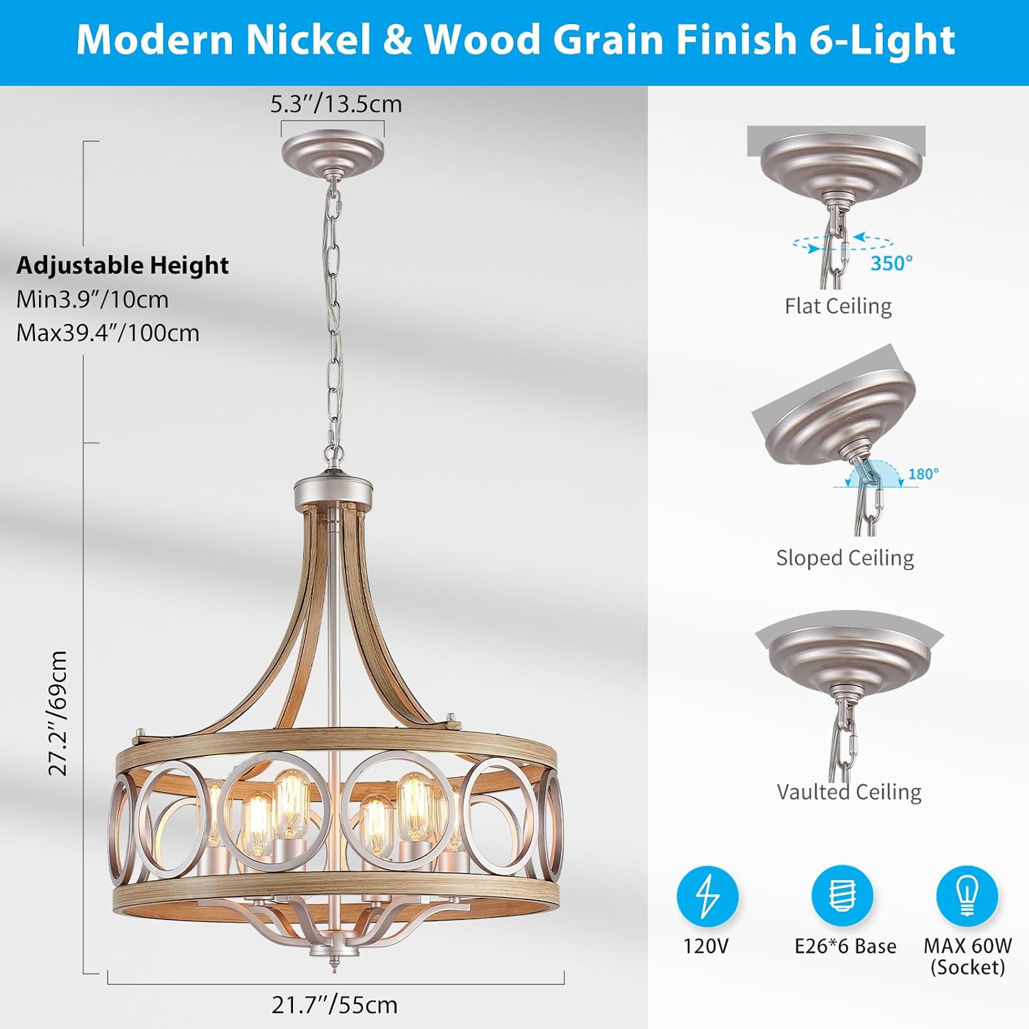 XINGQI Brushed Nickel Dining Room Chandelier 6 Lights Modern Farmhouse Chandelier 21.7' Round Hanging Lighting Fixture Rustic Metal Drum Pendant Lamp for Entryway Bedroom Kitchen