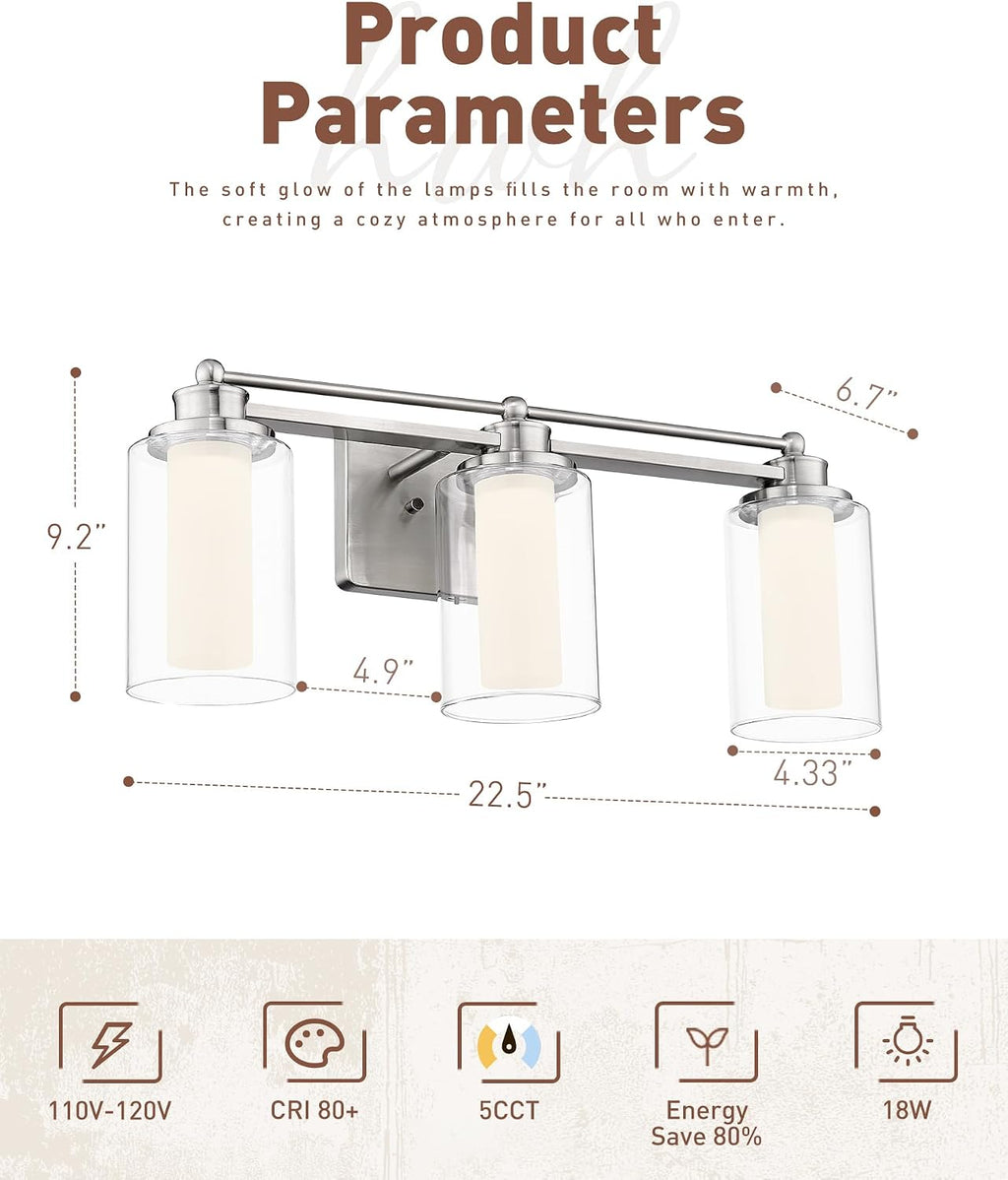 Modern Bathroom Light Fixtures, HWH Brushed Nickel Vanity Lights for Bathroom, Wall Light Fixtures Clear Glass, LED Vanity Lights 5CCT Dimmable 18W, 5HLT63B-3W-LED BN