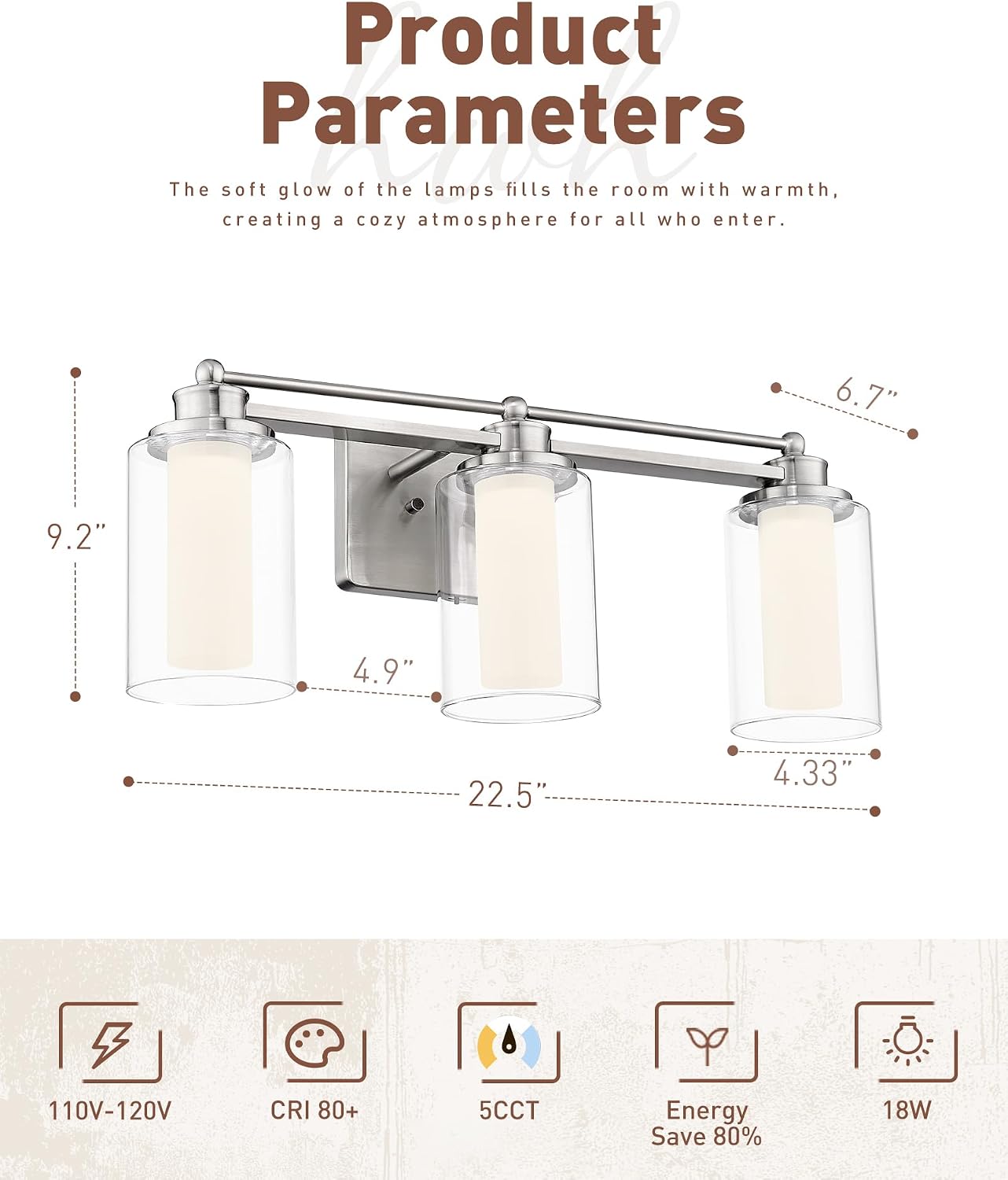 Modern Bathroom Light Fixtures, HWH Brushed Nickel Vanity Lights for Bathroom, Wall Light Fixtures Clear Glass, LED Vanity Lights 5CCT Dimmable 18W, 5HLT63B-3W-LED BN