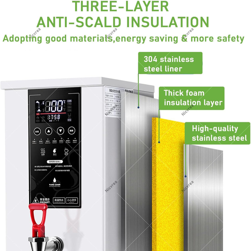 1000W Commercial Hot Water Dispenser Countertop, 25L(6.6Gal) /H Step-Heating Stainless Steel Water Boiler with Temperature Adjust for Boba Tea Office Restaurant Hotel White