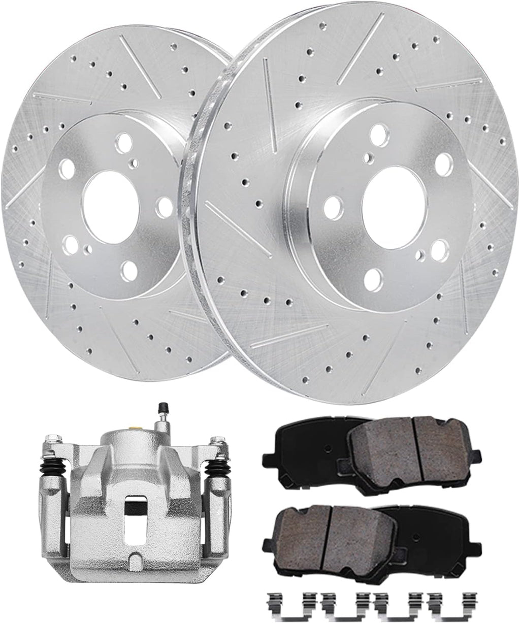 Detroit Axle - Front Brake Kit for 03-08 Toyota Matrix Corolla Pontiac Vibe, Drilled & Slotted Disc Brake Rotors Ceramic Brake Pads Brake Caliper 2003 2004 2005 2006 2007 2008 Replacement