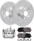 Detroit Axle - Front Brake Kit for 03-08 Toyota Matrix Corolla Pontiac Vibe, Drilled & Slotted Disc Brake Rotors Ceramic Brake Pads Brake Caliper 2003 2004 2005 2006 2007 2008 Replacement