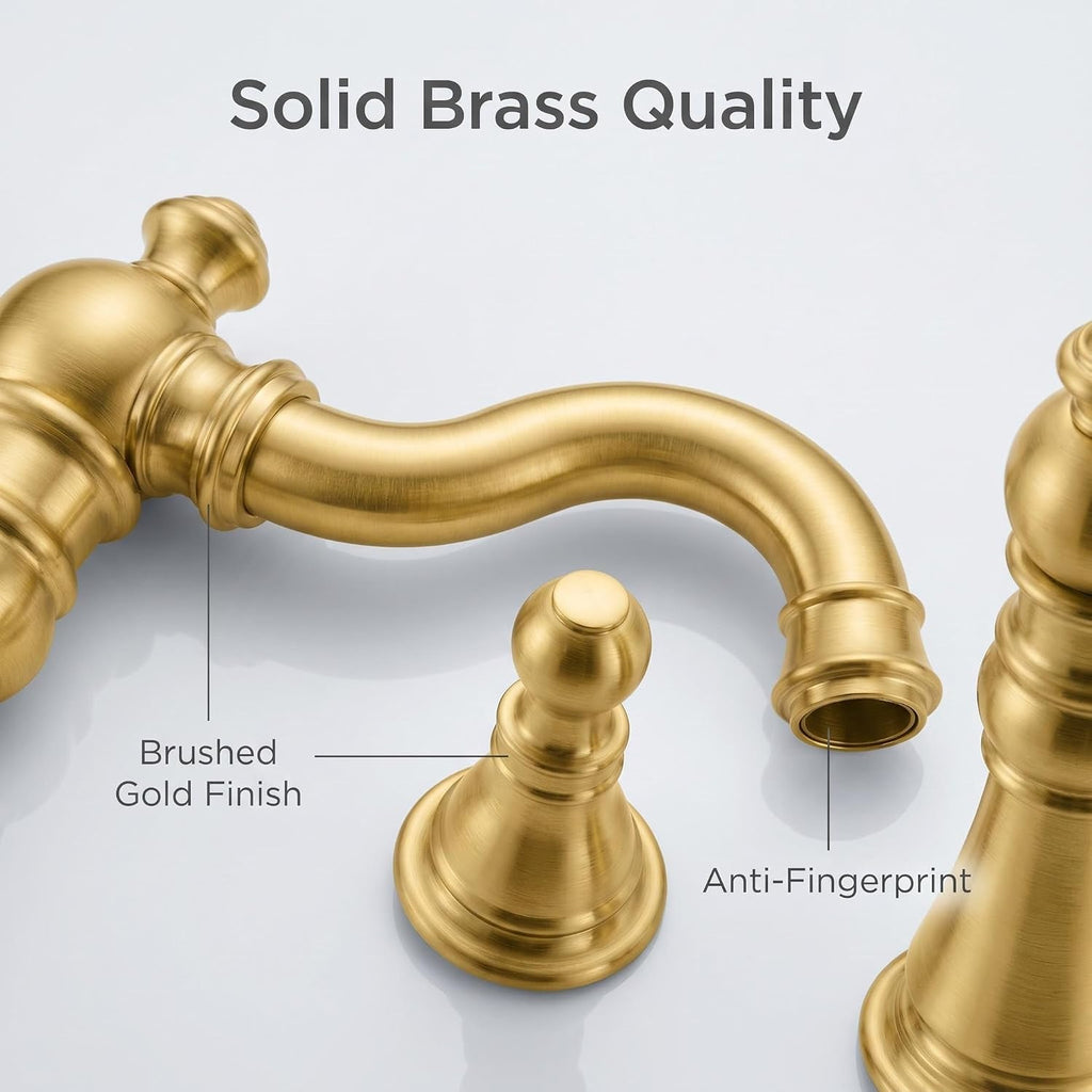 Two Handle Bathroom Sink Faucet 3 Hole Brushed Gold with Pop up Drain,High Arc Lavatory 8 Inch Widespread Bathroom Faucet, F-8805-BG