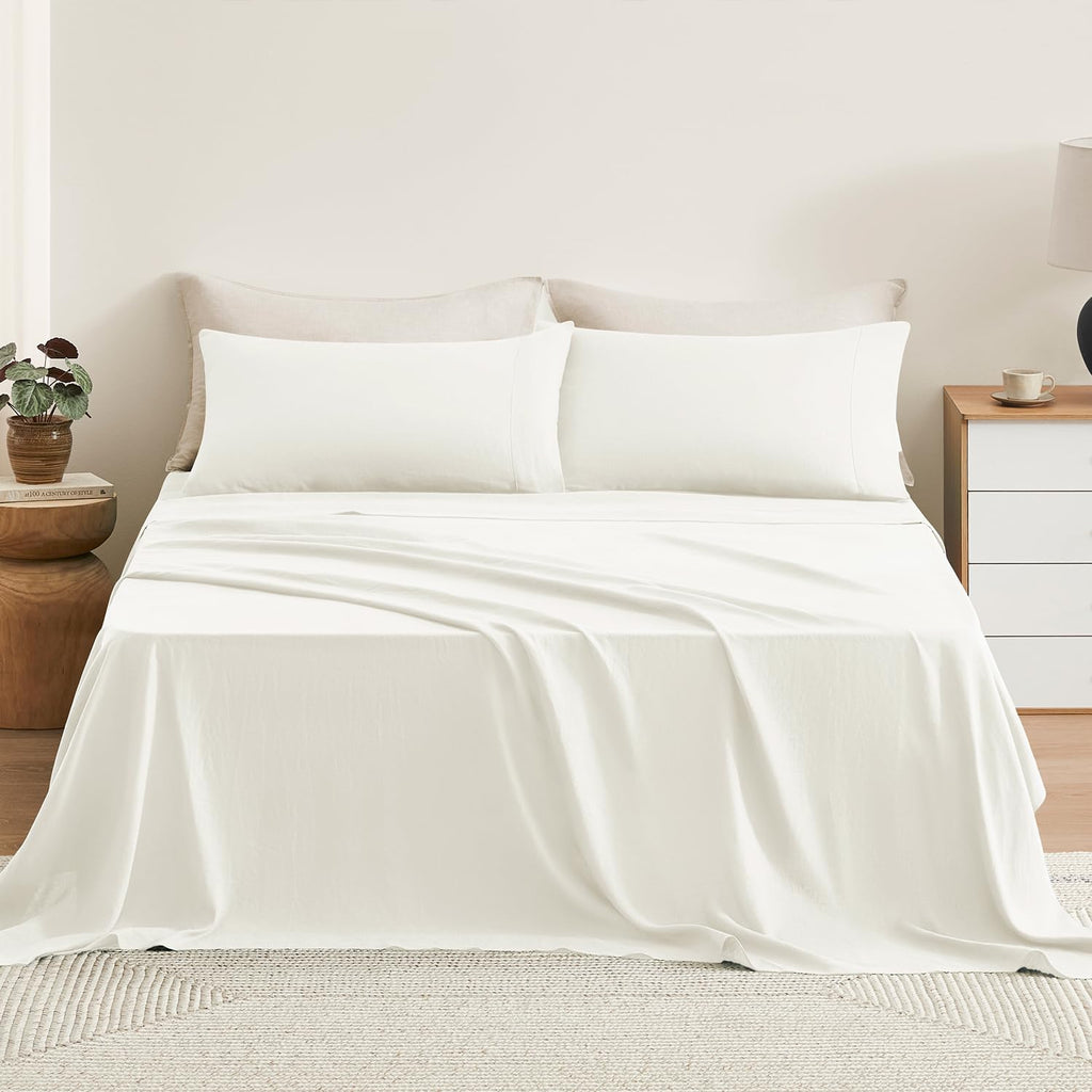 TOSMO Pure Linen Sheets Set, 100% French Natural Linen Flax Bedding 4pc Set (1 Flat Sheet, 1 Fitted Sheet, 1 Pillowcase) - Cream White, Queen