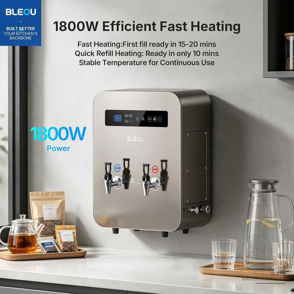 Bleou Commercial Hot Water Dispenser 12L (3.2 Gallon) -1800W Instant Water Boiler with Dual Taps(Hot & Ambient),30L/H High Output,Wall Mount or Countertop for Office,Cafe, Restaurant & Buffet