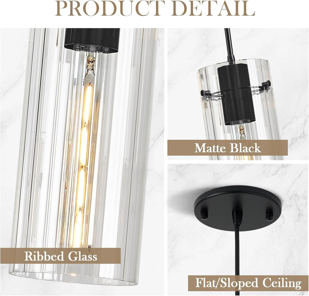 Glass Black Pendant Light, 3 Pack Modern Kitchen Island Pendant Lighting with Ribbed Glass, Adjustable Cord Minimalist Pendant Light for Over Island, Dining Room, Bathroom Bedroom