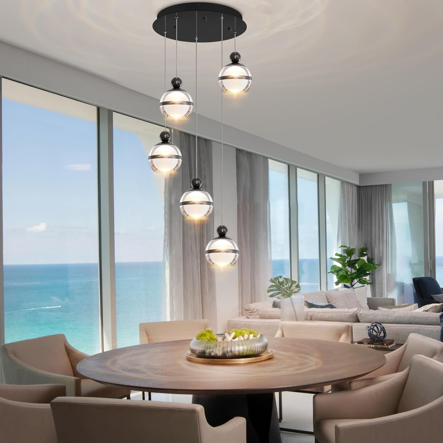 5-Light Black Chandelier, Modern Chandeliers for High Ceilings Globe LED Hanging Light Chandelier for Staircase Foyer Living Room Entryway Dining Room 3000K