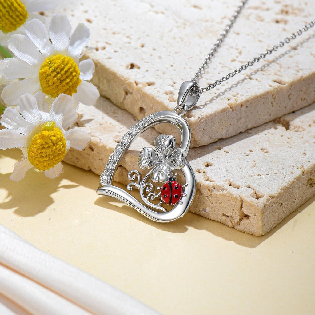 Diamond Ladybug Necklace for Women 925 Sterling Silver Ladybug Four Leaf Clover Pendant Necklace with Lab Grown Diamonds Cute Jewelry Anniversary Valentine's Day Christmas Gifts for Her