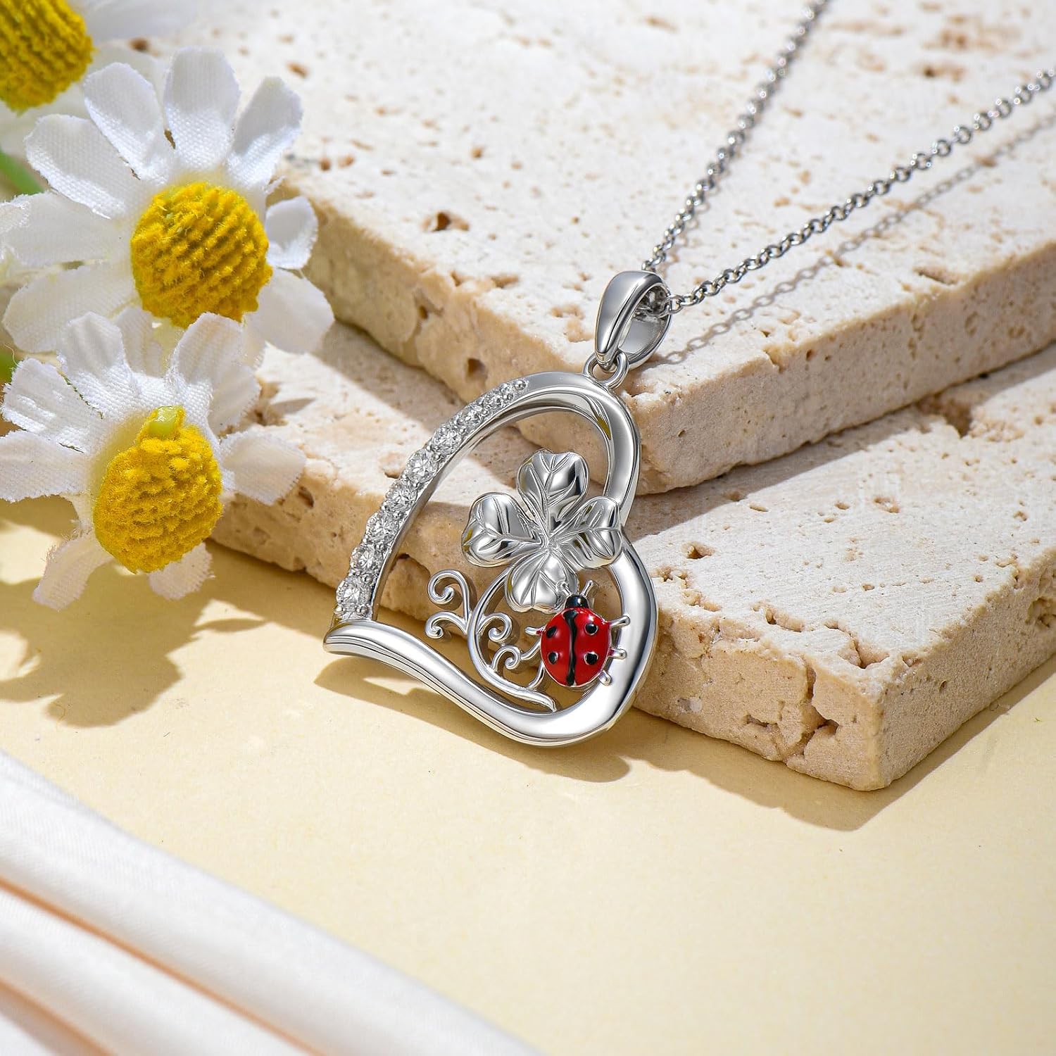 Diamond Ladybug Necklace for Women 925 Sterling Silver Ladybug Four Leaf Clover Pendant Necklace with Lab Grown Diamonds Cute Jewelry Anniversary Valentine's Day Christmas Gifts for Her