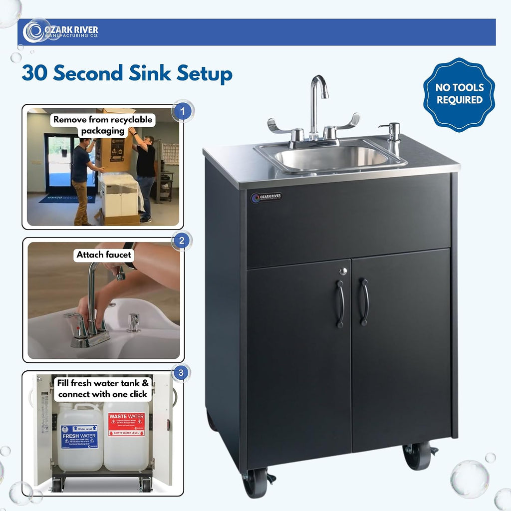 Ozark River Portable Sinks Premier S1, Black Laminate-Stainless Countertop & Basin, Self Contained Sink, Hand Washing Station, Portable Sink with Hot Water, Portable Sink Hand Wash Station