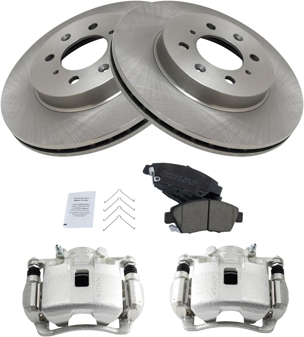 TRQ Front Brake Pad and Rotor Set Ceramic Vented Rotors Calipers Compatible with 2003-2005 Honda Civic