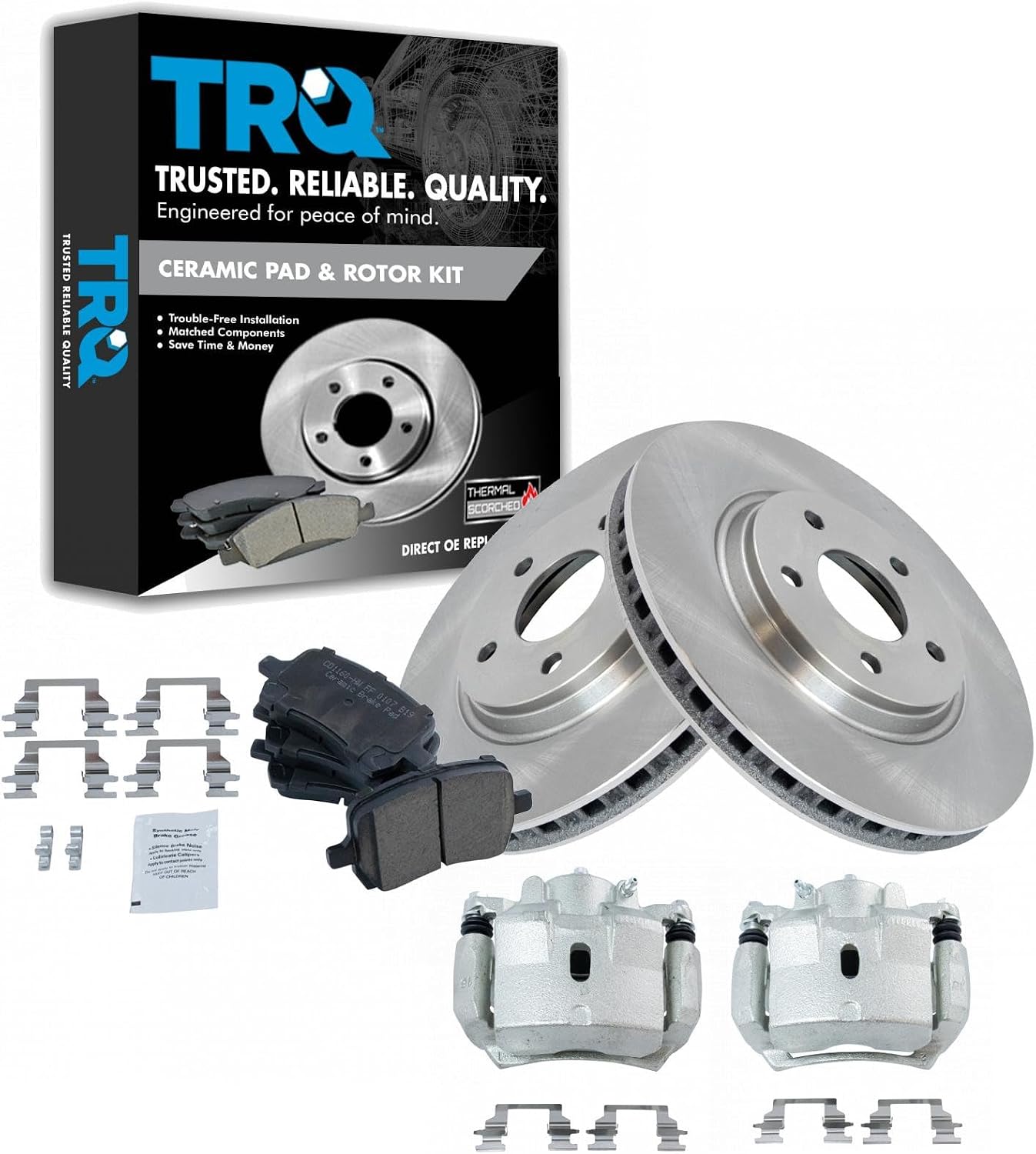 TRQ Front Brake Pad and Rotor Set Ceramic Vented Rotors Calipers Compatible with 2007-2012 Chevrolet Malibu 2007-2010 Pontiac G6 2007-2009 Saturn Aura