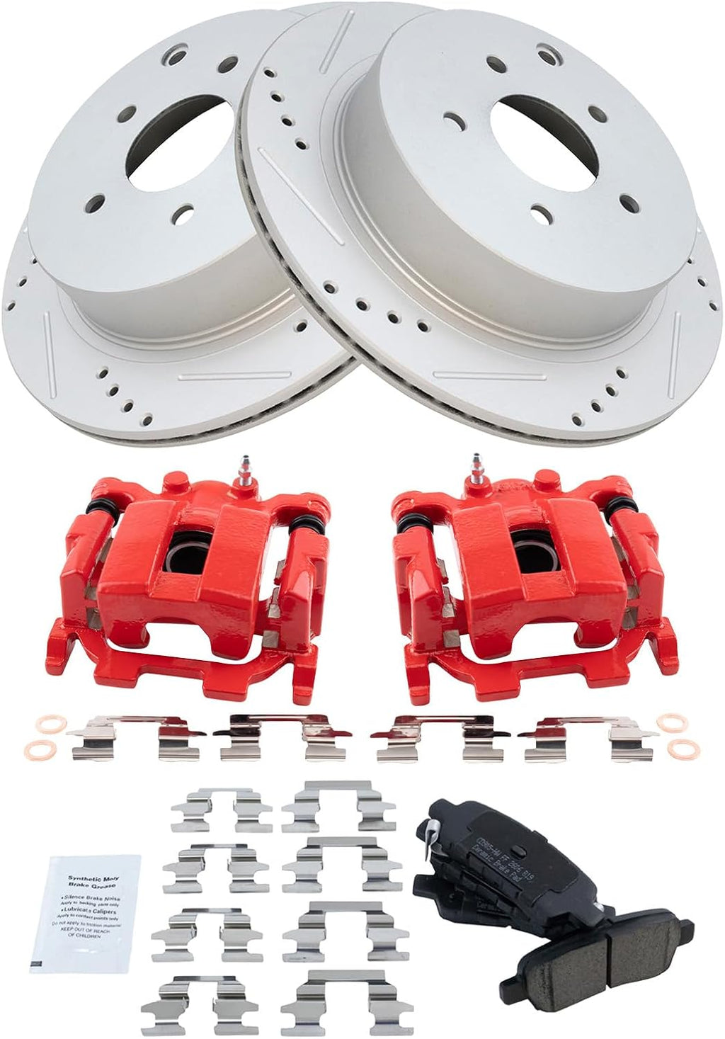 TRQ Performance Rear Brake Pad and Rotor Set Ceramic Drilled Slotted Coated Rotors Calipers Compatible with 14-18 Infiniti Q50 Q70 QX60 2018 Q60 11-18 Nissan Murano 11-17 Quest 13-20 Pathfinder