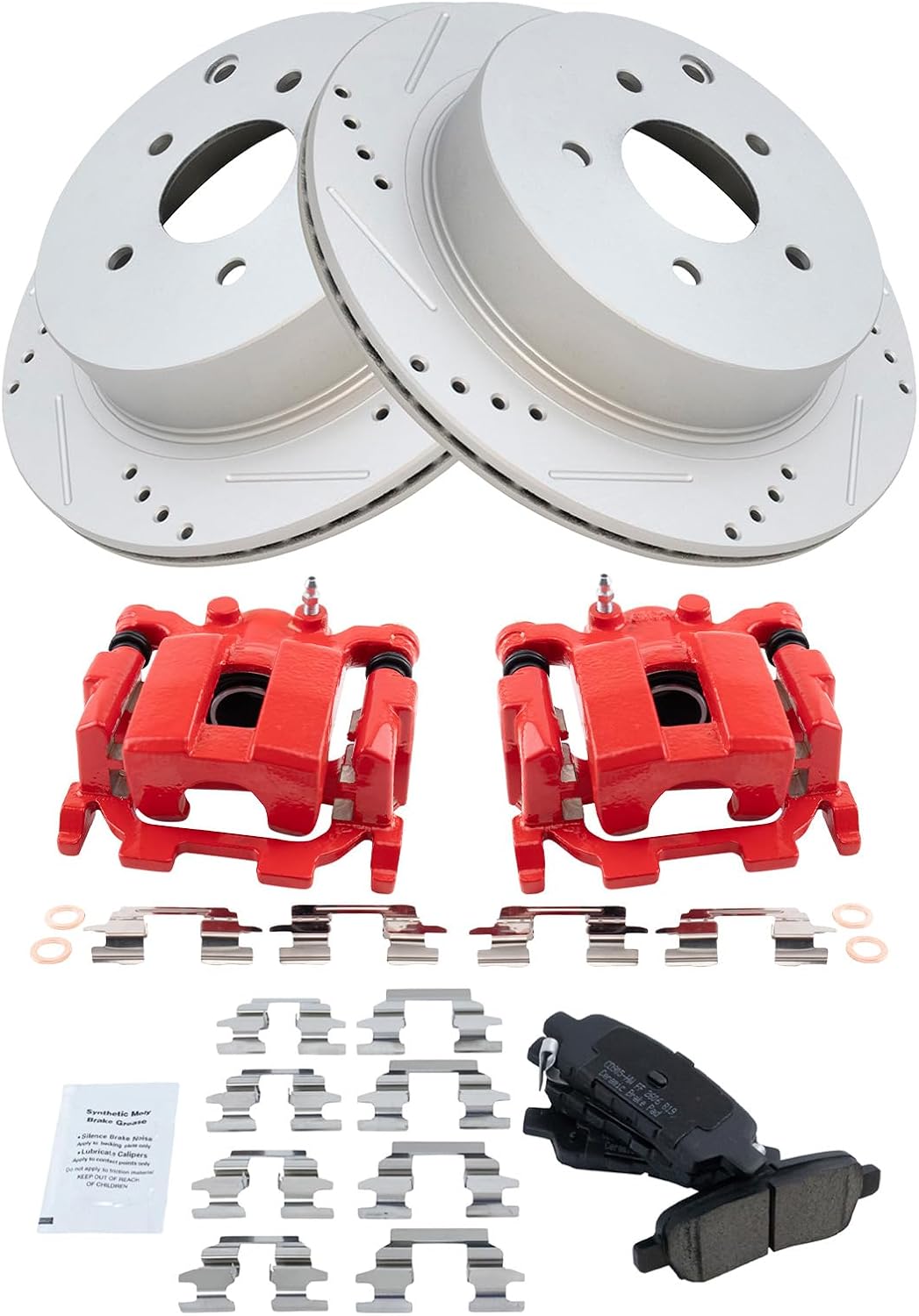 TRQ Performance Rear Brake Pad and Rotor Set Ceramic Drilled Slotted Coated Rotors Calipers Compatible with 14-18 Infiniti Q50 Q70 QX60 2018 Q60 11-18 Nissan Murano 11-17 Quest 13-20 Pathfinder