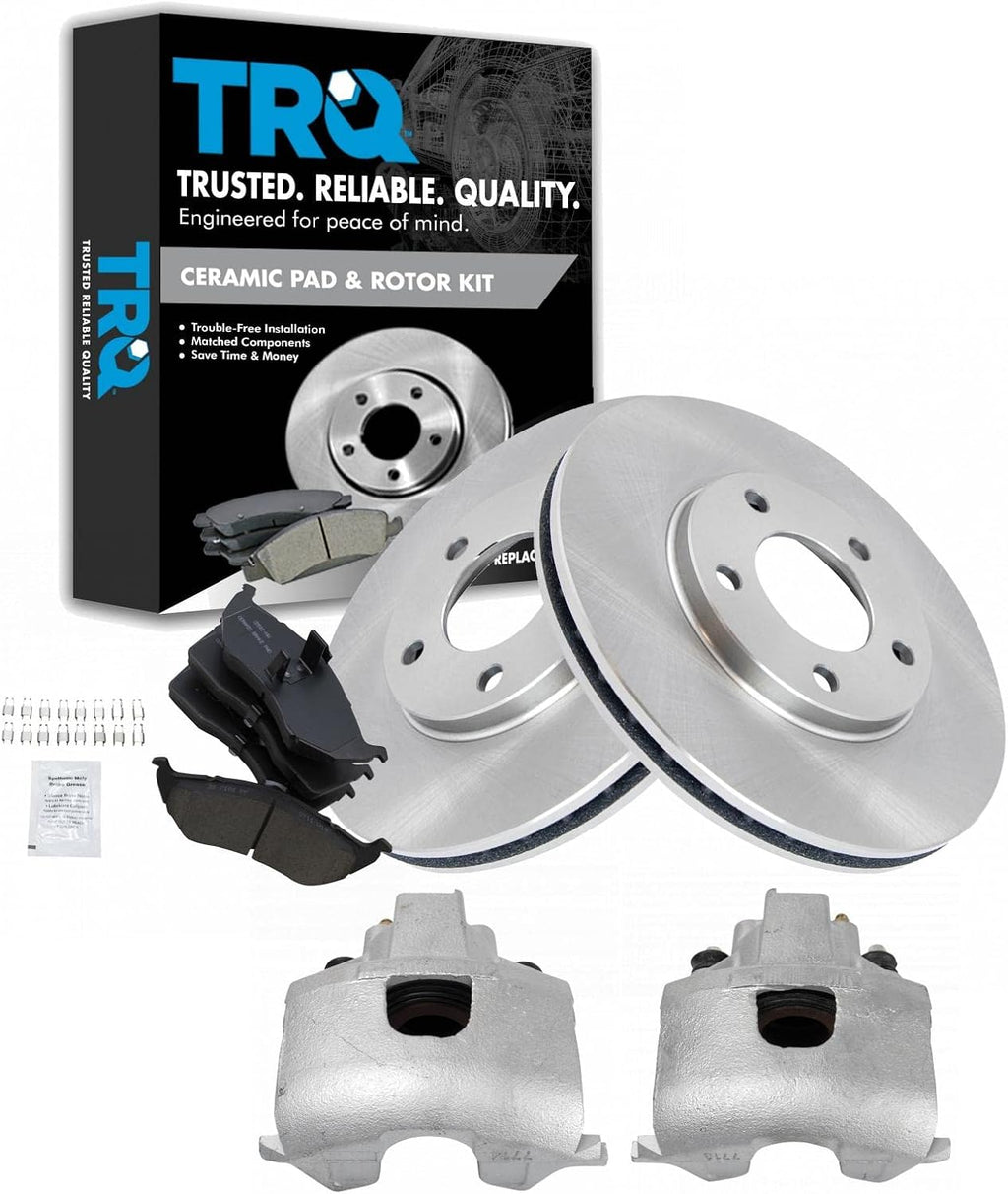 TRQ Front Brake Pad and Rotor Set Ceramic Rotors Calipers Compatible with 1996-2000 Chrysler Town and Country 1996-2000 Dodge Caravan Grand Caravan 1996-2000 Plymouth Voyager Grand Voyager