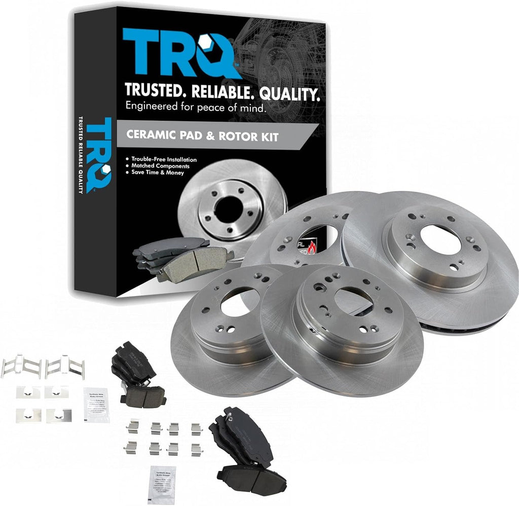 TRQ Front and Rear Brake Pad and Rotor Set Ceramic Vented Solid Rotors Compatible with 2002-2004 Honda CR-V