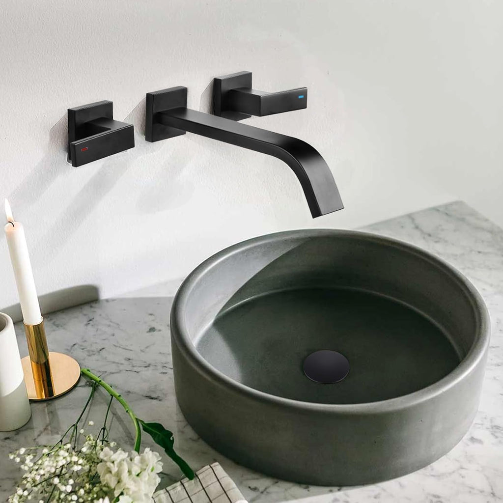 Brass Wall Mount Bathroom Faucet,Wall Mounted Vessel Sink Faucet with Dual Lever Handles,Widespread 3 Holes Wall Faucet for Vanity Lavatory Sink,Pop Up with Overflow Drain Assembly Included