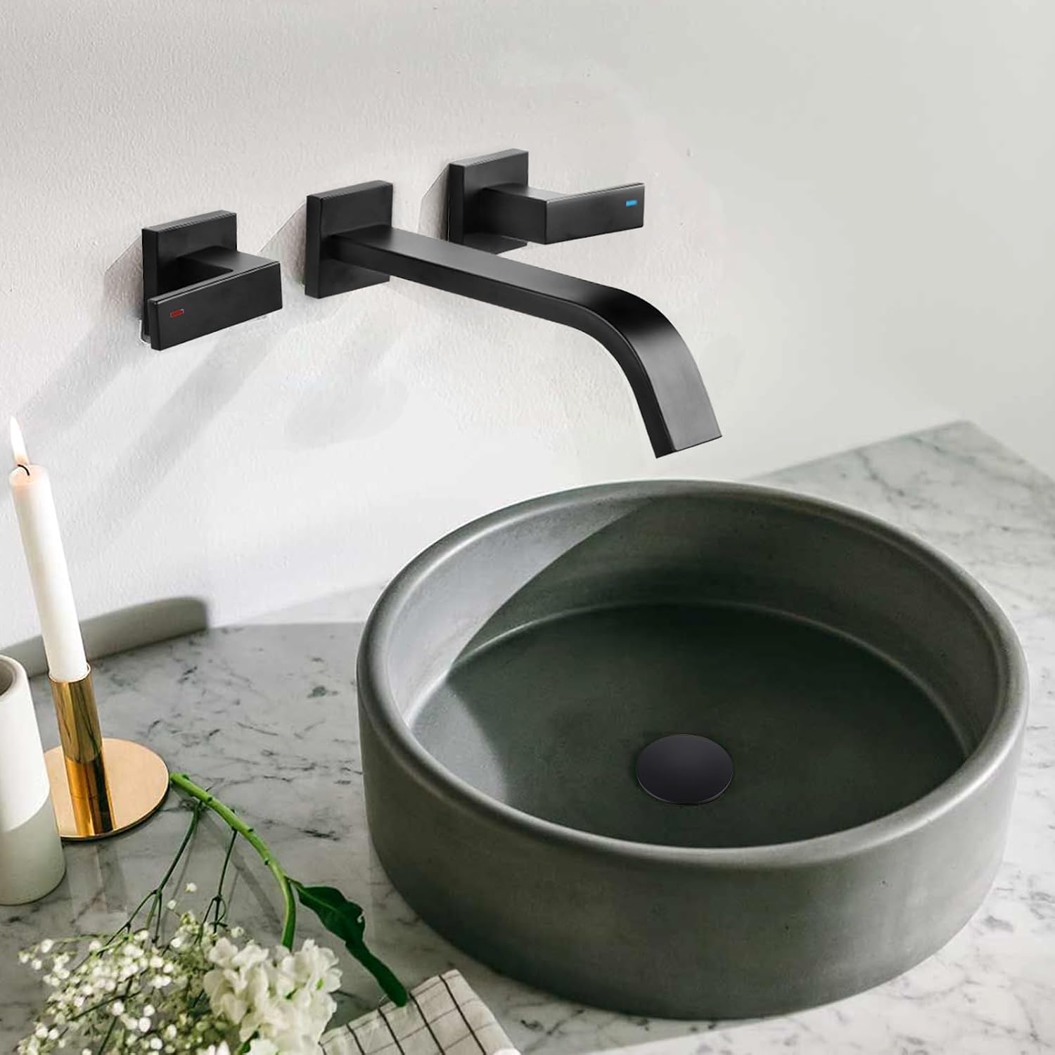 Brass Wall Mount Bathroom Faucet,Wall Mounted Vessel Sink Faucet with Dual Lever Handles,Widespread 3 Holes Wall Faucet for Vanity Lavatory Sink,Pop Up with Overflow Drain Assembly Included