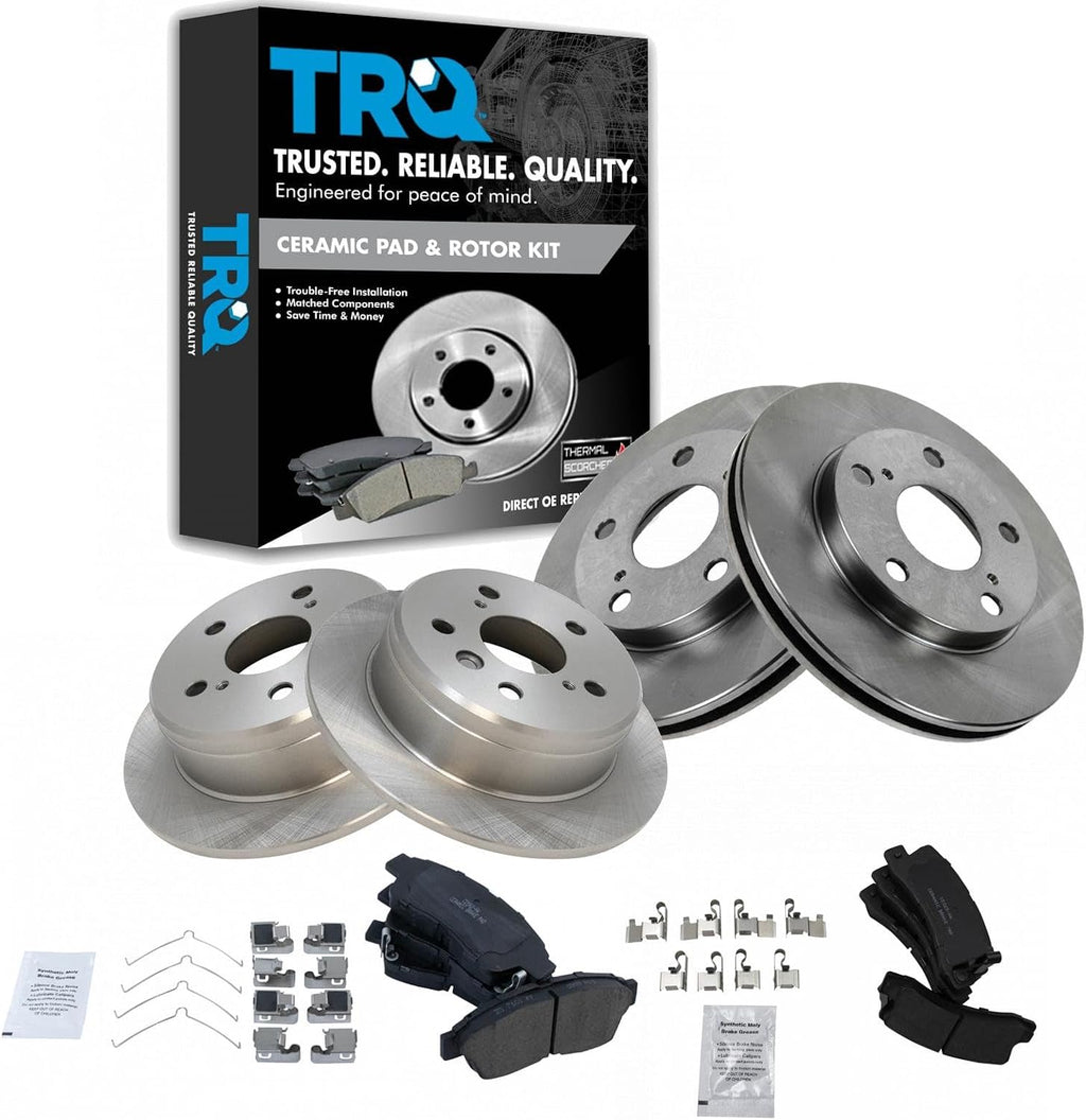 TRQ Front and Rear Brake Pad and Rotor Set Ceramic Vented Solid Rotors Compatible with 1992-1999 Toyota Camry