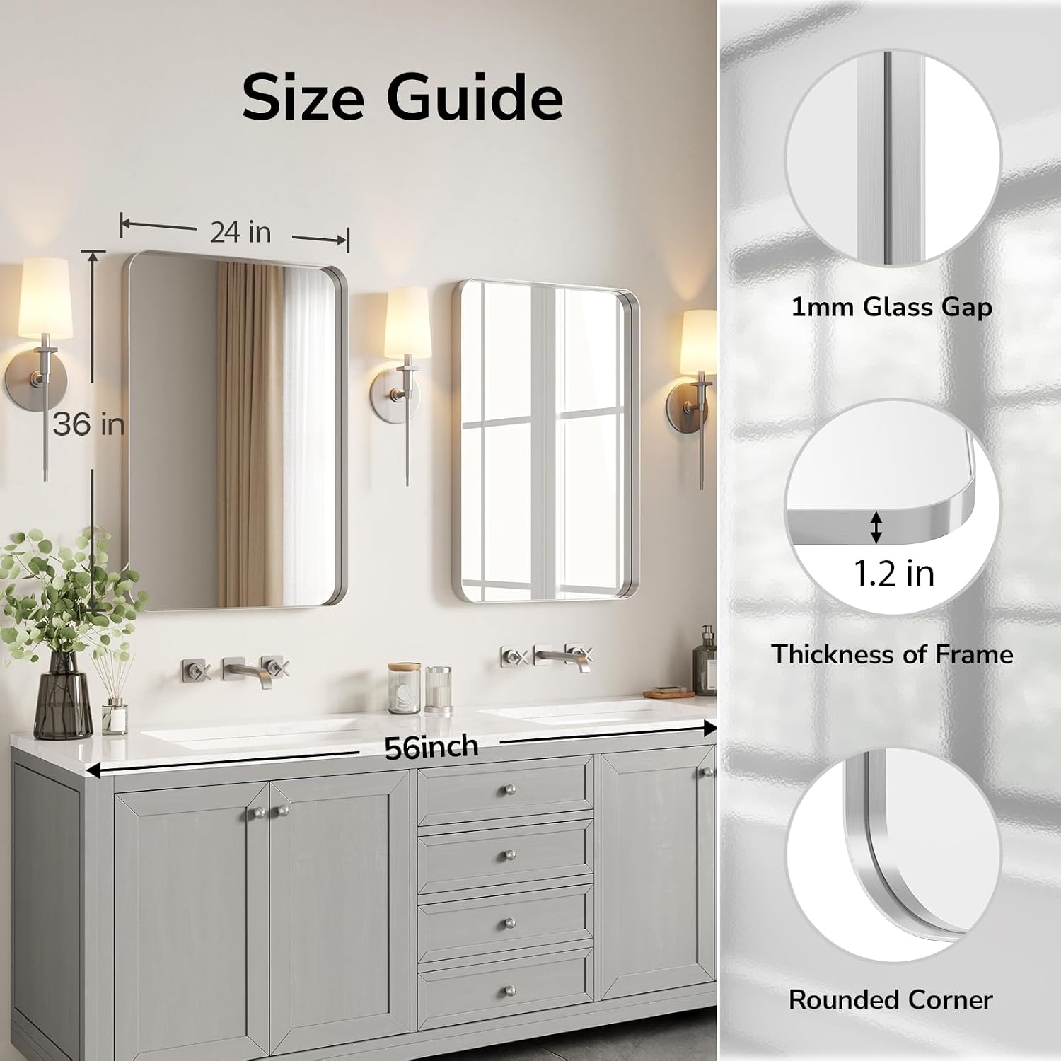 USHOWER Brushed Nickel Bathroom Mirrors 24'x36' 2 Pack, Silver Rectangle Mirrors for Over Sink, Rounded Corner, Aluminum Frame, Anti-Rust, Tempered Glass, Horizontal or Vertical Mounted