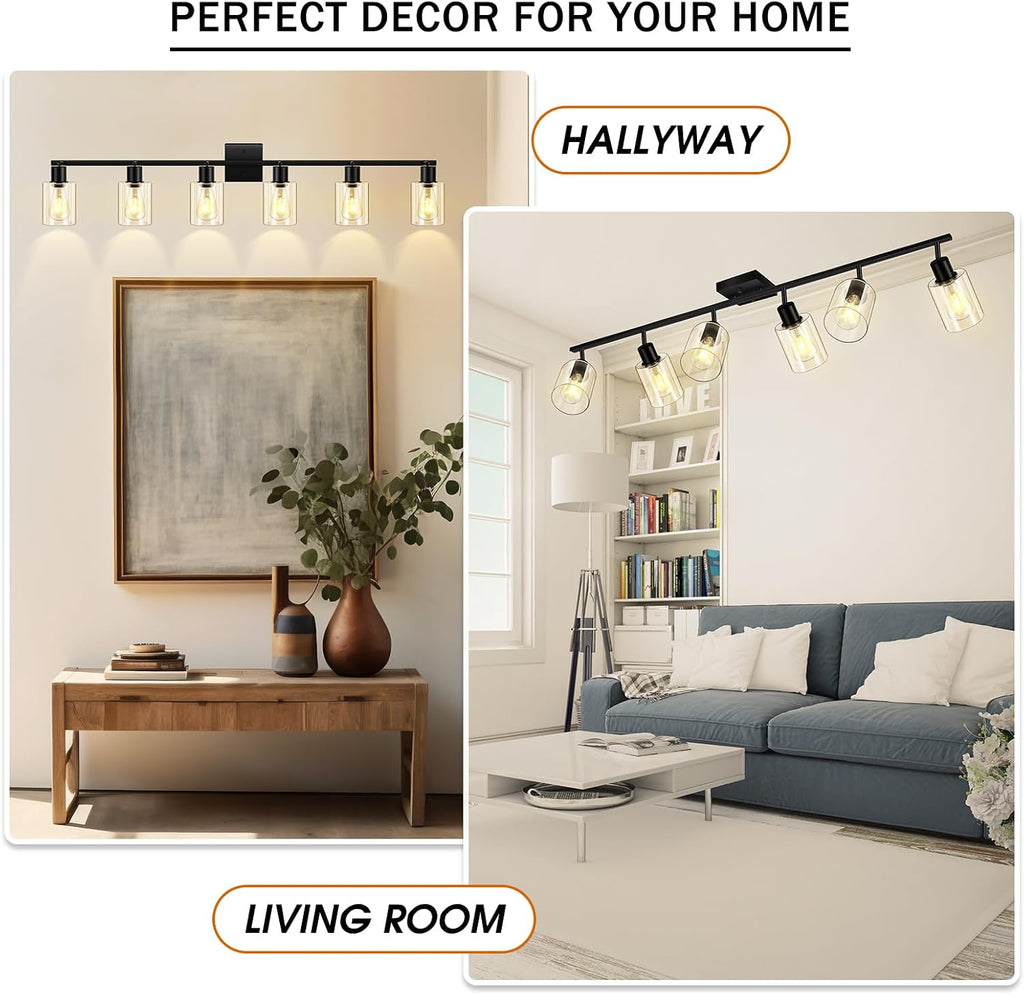 Track Lighting Fixtures Ceiling, 6-Light Track Light with Clear Glass Shade, 45' Modern Kitchen Lighting Ceiling with Rotatable Track Head, Black Wall Light for Vanity Hallway Bedroom(E26, No Bulb)