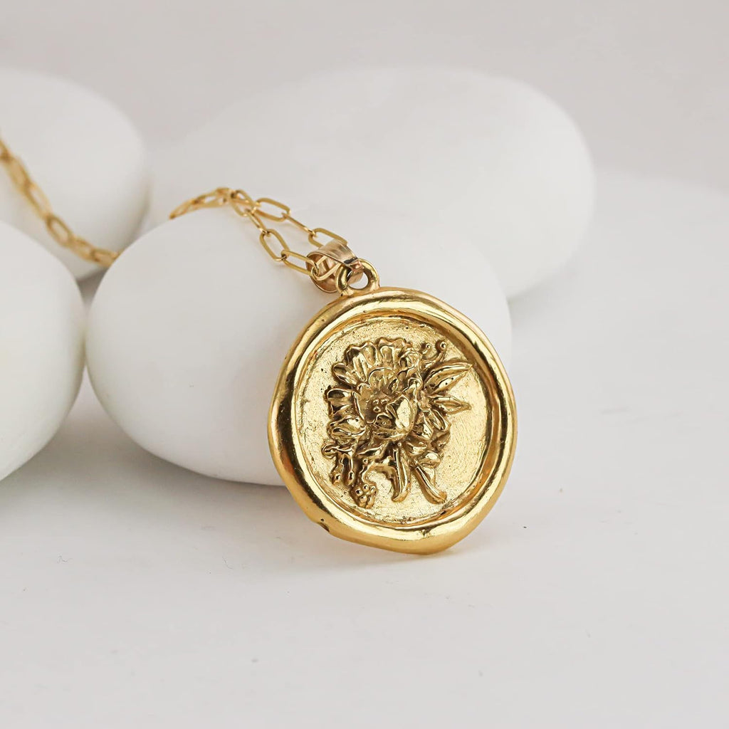 LOTUS STONE JEWELRY 23.5K Gold Vermeil Wax Seal Pendant, Coin Necklace for Women (Gold Vermeil)