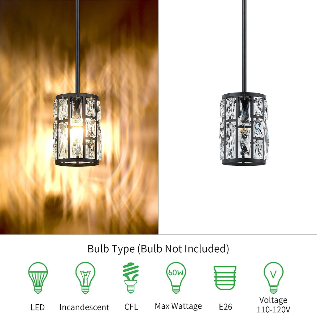 MEXO Modern Crystal Pendant Light Fixture 3-Pack Matte Black Finish Hanging Lighting Crystal Chandelier for Living Room, Kitchen, Hallway