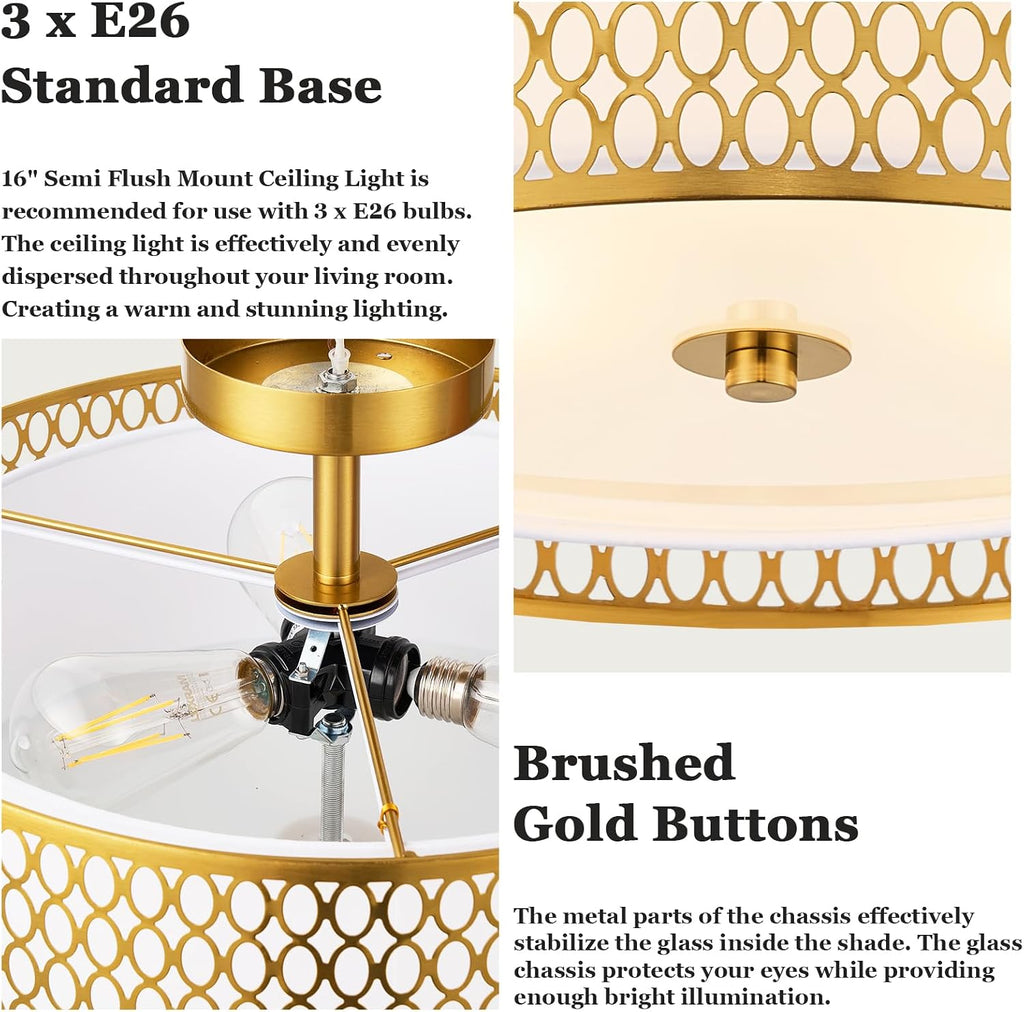 17' Semi Flush Mount Ceiling Light Fixture, 3-Light Gold Light Fixture, Close to Ceiling Light Fixture with White Fabric Lampshade and Gloden Iron Mesh Cage for Dining Room Living Room Bedroom