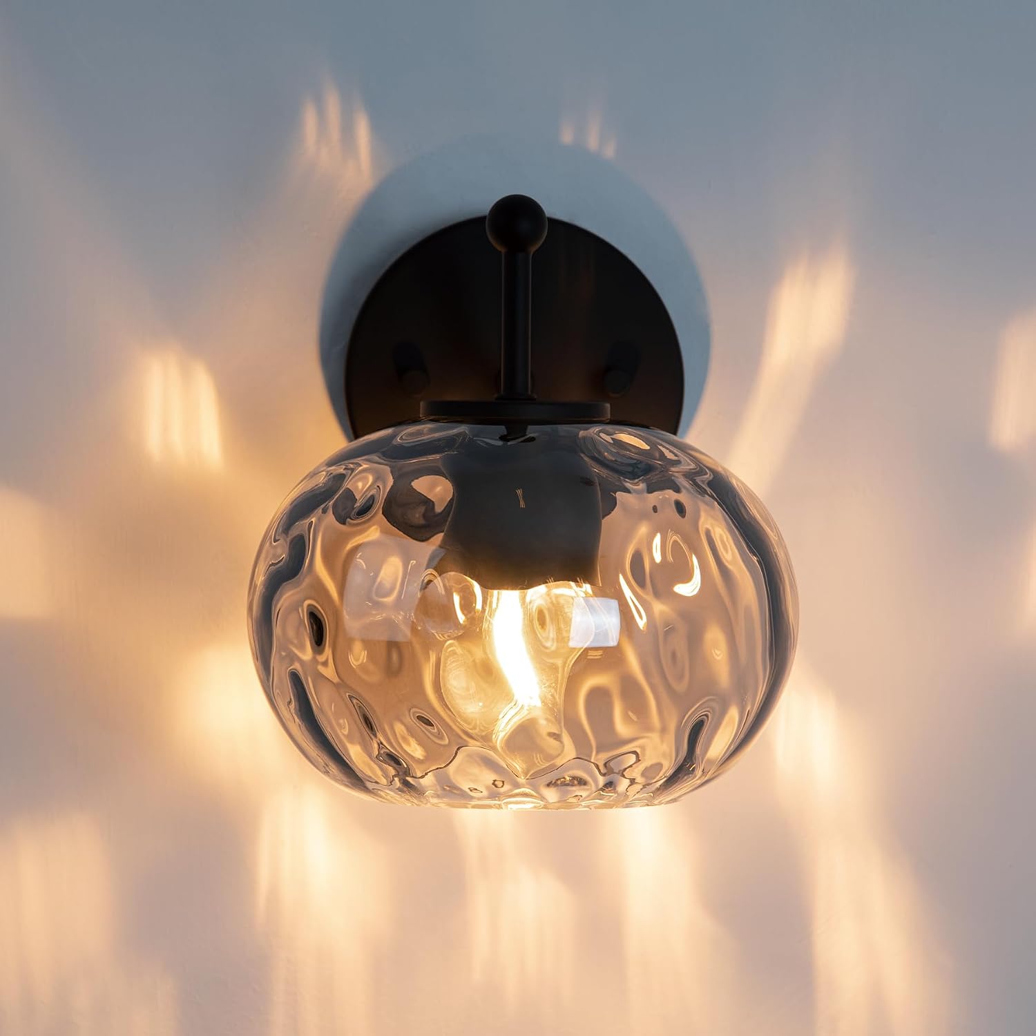 Modern Iridescent Glass Wall Sconce Matte Black Wall Light Set of 2 Hammered Smoked Glass Vanity Light for Bedroom Hallway Living Room Stairwell Bathroom Over Mirror