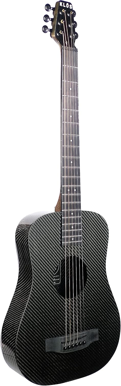 KLOS Travel Deluxe, Durable Carbon Fiber Acoustic Electric Guitar - Black with Gig Bag, Capo, and more