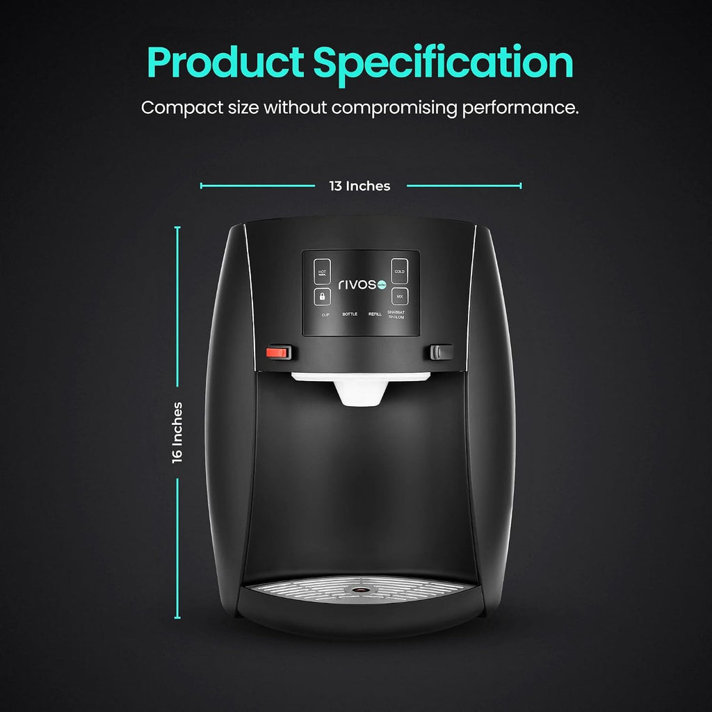 Rivos Spirit Smart Water Dispenser, Hot & Cold Countertop Dispenser, 316 Stainless Steel, Shabbat-Compatible System with Filter & Carbon Filter, Eco-Friendly Home & Office Hydration (Black)