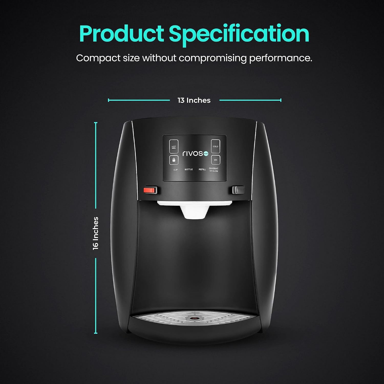 Rivos Spirit Smart Water Dispenser, Hot & Cold Countertop Dispenser, 316 Stainless Steel, Shabbat-Compatible System with Filter & Carbon Filter, Eco-Friendly Home & Office Hydration (Black)