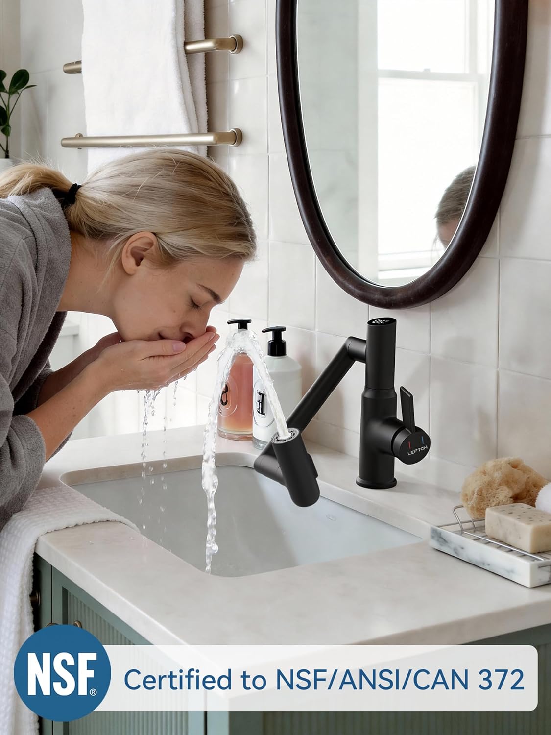Lefton Rotatable Bathroom Faucet with Temperature Display in Fahrenheit (Batteries-Free), 3 Water Outlet Modes, Matte Black, BF2204-3