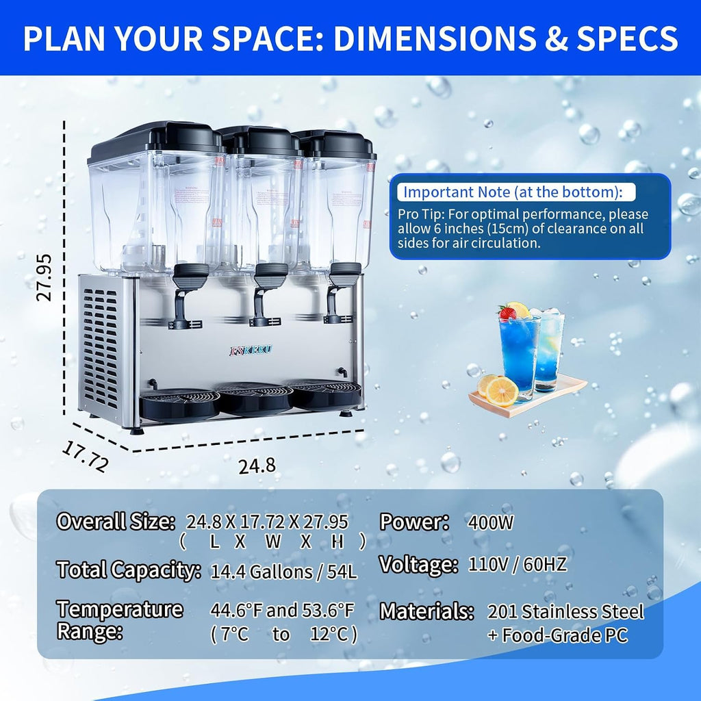 Commercial Beverage Dispenser 54L 14.3 Gal Triple Tank Refrigerated Drink Machine 400W Stainless Steel Cold Juice Dispenser with LED Lighting and 360 Degree Stirrer 110V