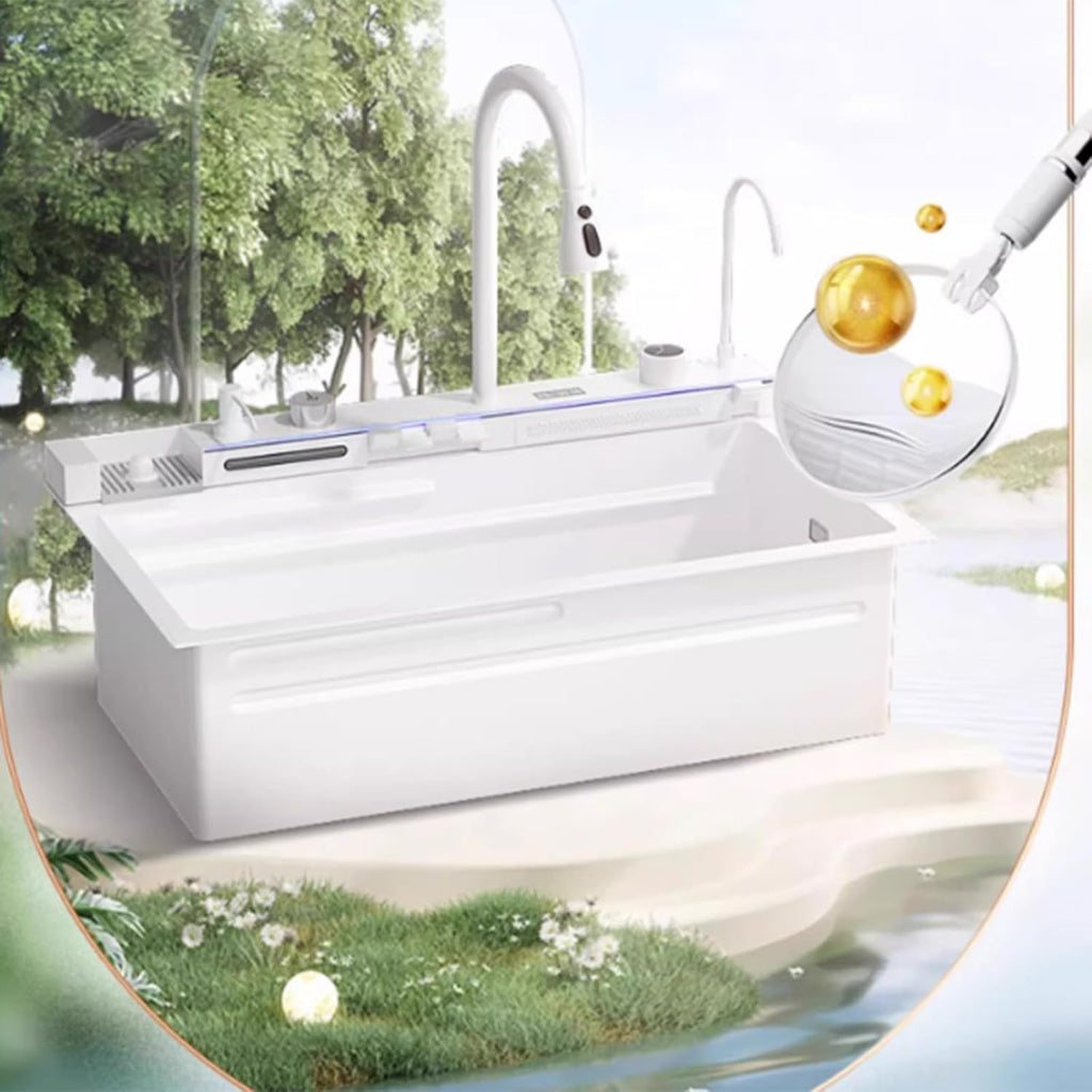 Double Waterfall Sink with LED Display, Cup Washer, Soap Dispenser, Worktop Controller, etc. (White, 26.8 * 18.1 * 8.7 IN)