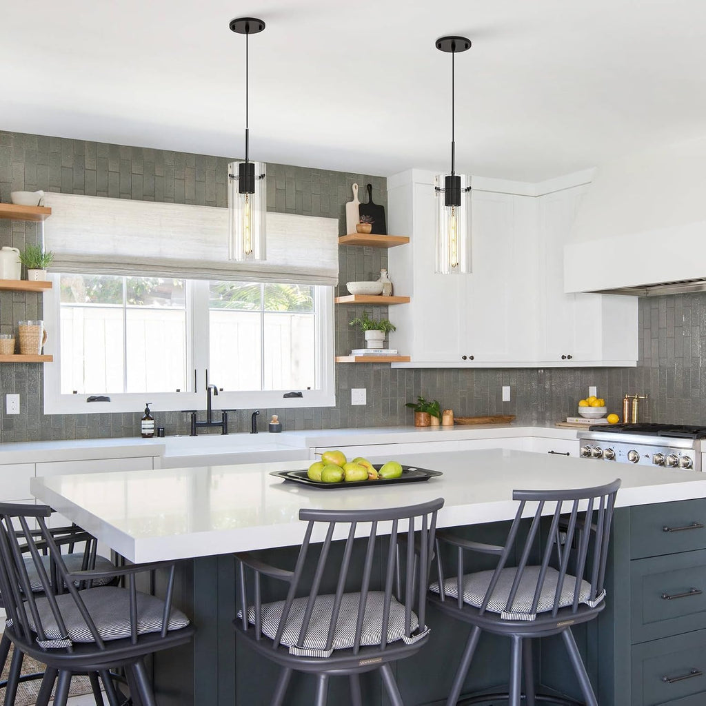 Glass Black Pendant Light, 3 Pack Modern Kitchen Island Pendant Lighting with Ribbed Glass, Adjustable Cord Minimalist Pendant Light for Over Island, Dining Room, Bathroom Bedroom