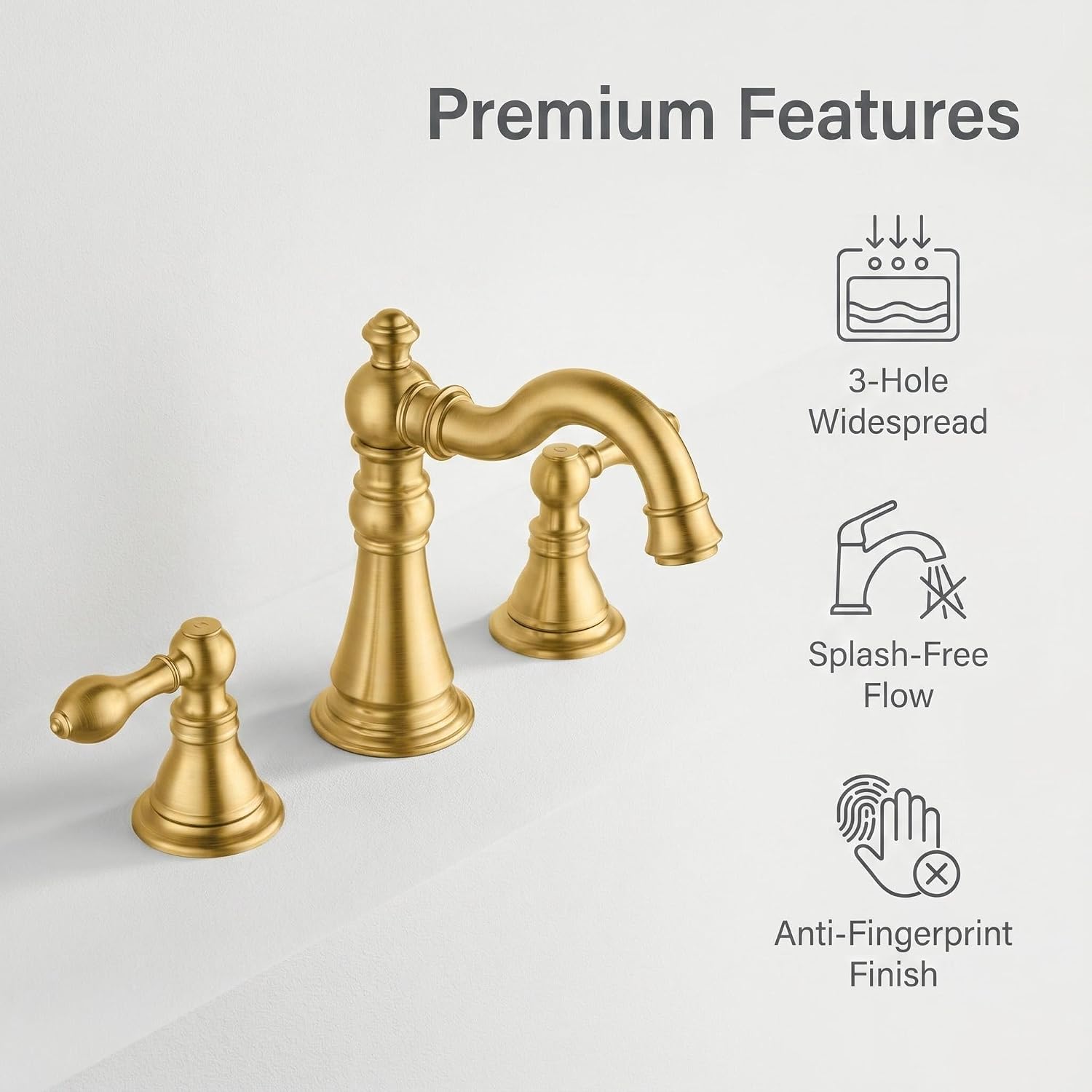Two Handle Bathroom Sink Faucet 3 Hole Brushed Gold with Pop up Drain,High Arc Lavatory 8 Inch Widespread Bathroom Faucet, F-8805-BG