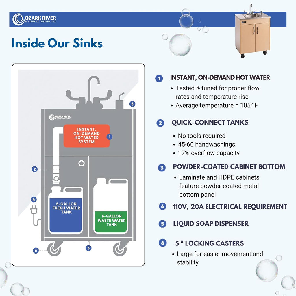 Ozark River Portable Sinks Lil Premier S1, Child Height Stainless Steel Self Contained Portable Sink with Hot Water for Kids, Hot Water Handwashing Station for Daycares & Classrooms