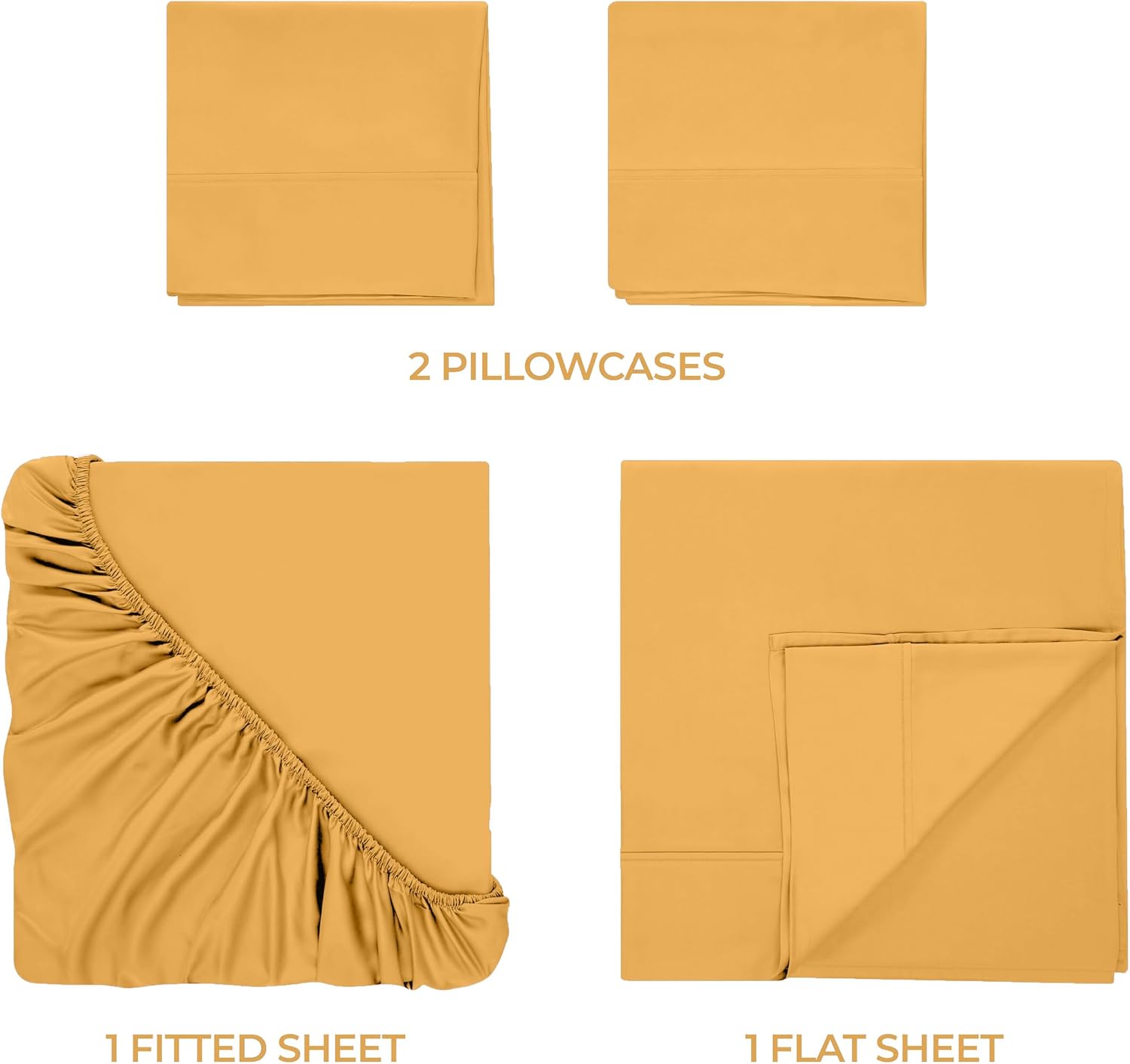 Superior Egyptian Cotton 400 Thread Count Bed Sheet Set, 1 Elastic Deep Pocket Fitted Sheet, 1 Flat Sheet, 2 Pillowcases, Soft Bedding, Luxury Sheets, Sateen Weave, Full Size, Gold