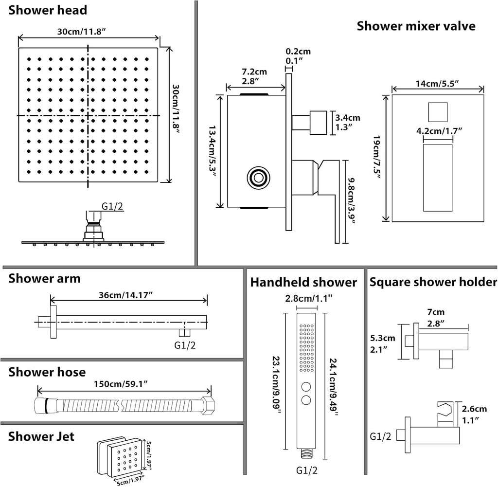 RUMOSE Rainfall Shower System with 4 Body Jets Wall Mounted 4 Mode Shower Faucet Set with 12 Inch Rain Shower Head and 2 in 1 Handheld Spray, Polished Chrome Brass Shower Fixtures, Rough-in Valve