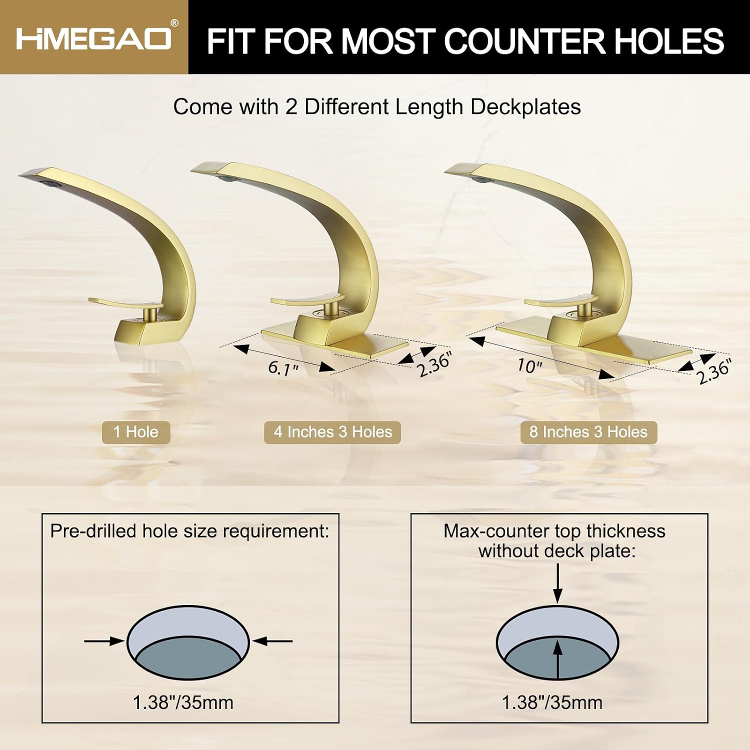 Bathroom Faucet Brushed Gold,Bathroom Sink Faucet for Sink 1 Hole or 3 Hole Mount Single Handle Basin Mixer with 6-inch 10-inch Deckplate