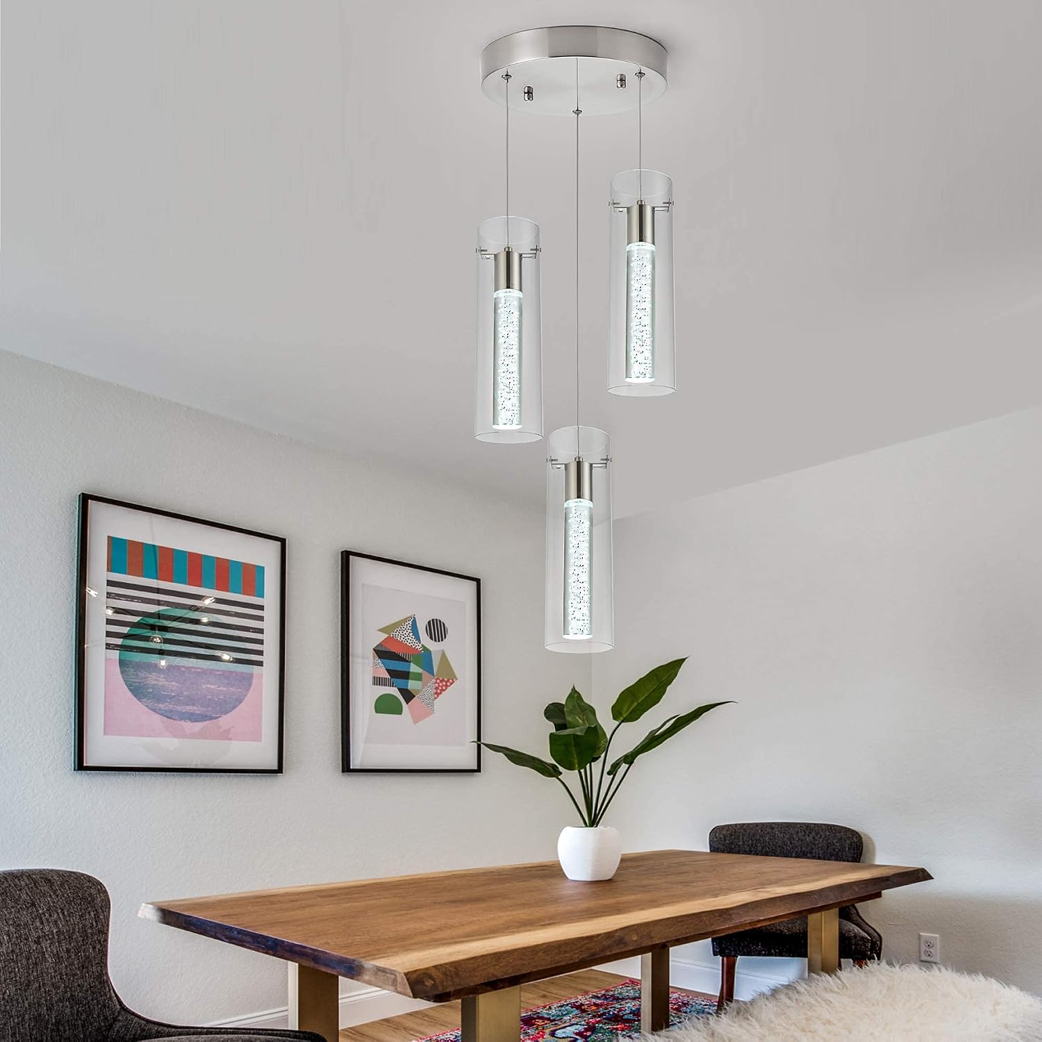 Kitchen Lighting Pendant Fixtures 3-Light LED Pendant Ceiling Fixture Brushed Nickel Bubble Cylinder Pendant Light with Adjustable Length for Kitchen Island Dinning Room Bedroom